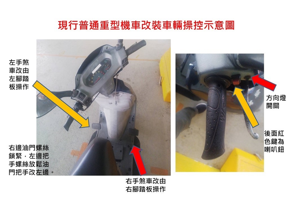 現行普通重型機車改裝車輛操控示意圖(圖:交通部)