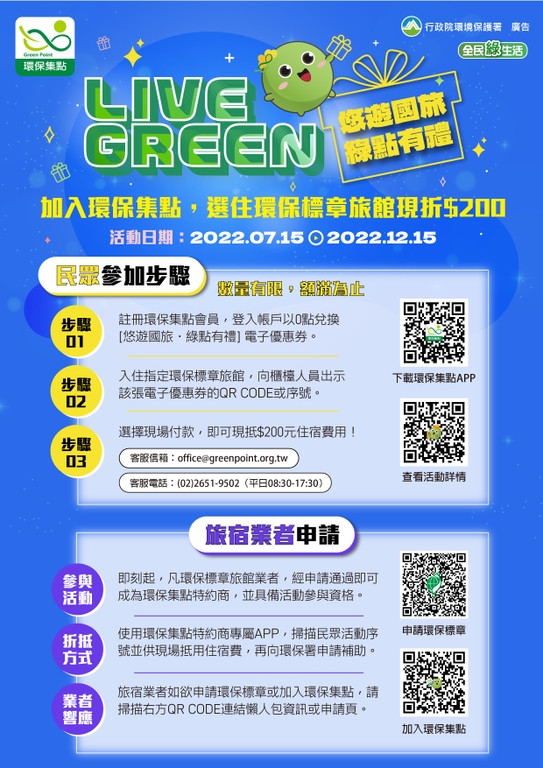 綠色旅遊選住環保標章旅館,綠點有禮加碼省荷包(圖:環保署)