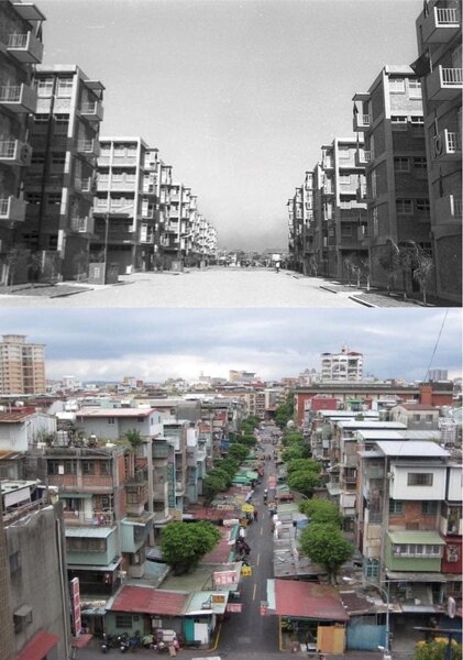 網友貼出南機場公寓1964年剛落成時與數十年後的街景對比圖。圖/摘自PTT